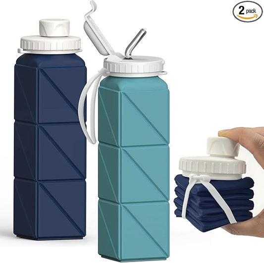 Collapsible Water Bottles 20.6oz 2 Pack, Silicone Foldable Portable Water Bottle, BPA-Free, Leakproof Reusable for Travel Camping Hiking Cycling Yoga Sports Outdoor (Blue+DarkBlue)