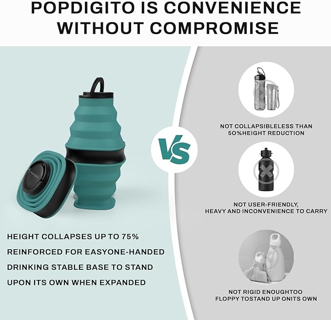 Collapsible Water Bottles,600ml BPA Free Reusable Lightweight LeakProof Silicone Foldable Water Bottle for Travel Hiking Camping Sports,Collapses to 1.5” & anti-Collapse Ring,Dark Green