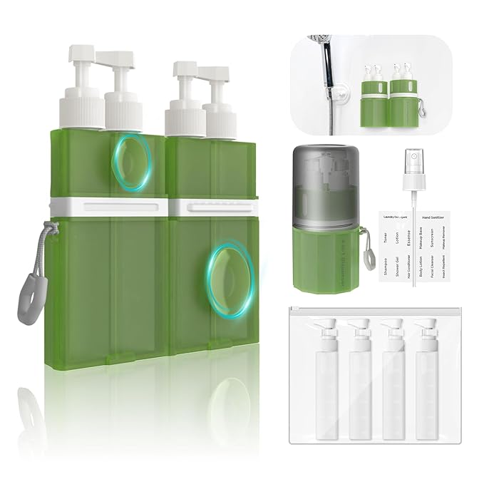 YOTIME 4in1 Travel Bottles with Suction Cup, TSA Approved Leak Proof Travel Size Containers for Toiletries, Refillable Travel Accessories for Shampoo, Body Wash and Conditioner, Green