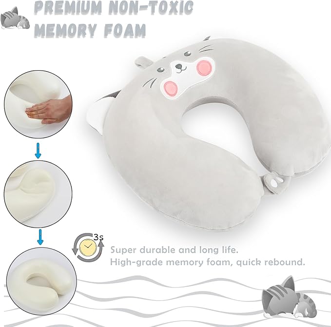 Travel Pillow, Kids Travel Pillow with Sleep Eye Mask Soft Memory Foam Kids Neck Pillow for Boys & Girls, Travel Accessories for Car Airplane Traveling - Grey Cat