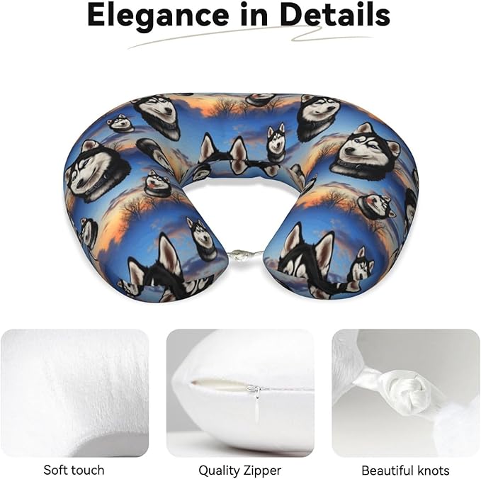 Neck Travel Pillow, Women Men Washable Airplane Car Pillows Funny Alaska Husky Dog, Head Support Rest U Shaped Cushion Comfortable for Watching TV