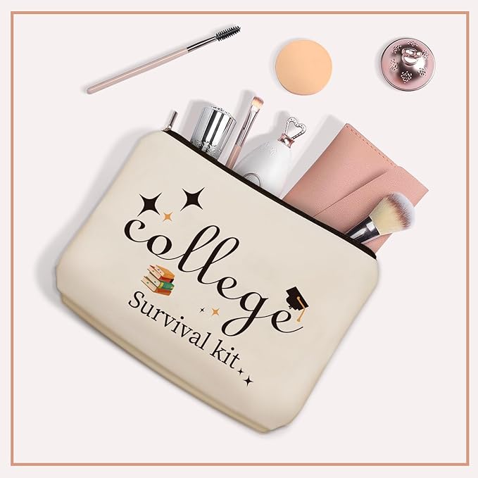 College Survival Kit Makeup Bag - Water-Resistant Cosmetic & Toiletry Organizer Pouch, Cute Graduation Gift for Girls, Teens, Daughters, Niece (Dorm, Travel, Daily Essentials)