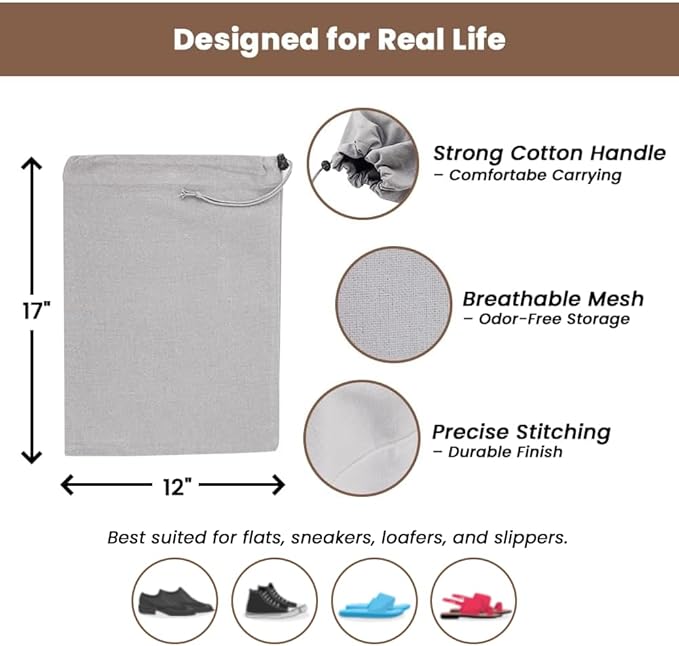 LFH Cotton Rich Shoe Storage Bags with Drawstring, Dustproof Breathable Reusable Organizer, Perfect For Travel, Dorm, Hotel, College, Gym, Easy to Carry, Machine Washable 12"x17" (Pack of 2) - Grey