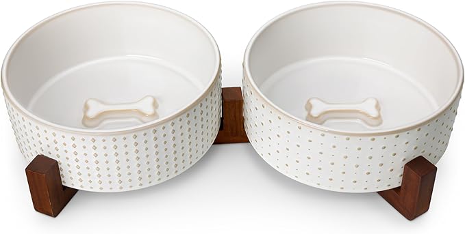 MALACASA Dog Bowl Set with Walnut Wood Stand, 6 Cups Ceramic Pet Bowls for Puppy Dogs, Dual Food and Water Bowls with Weighted Non-Slip Base, Basic Bowls for Your Dog, Rhombic & Polka Dots
