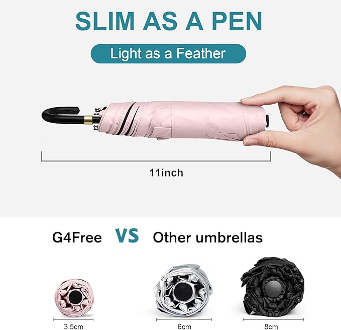 G4Free Mini Travel Umbrella UPF 50+ Ultralight Slim UV Protection Parasol, Windproof Compact Umbrella for Sun & Rain, Portable with J Hook Curved Handle Japanese Style for Women