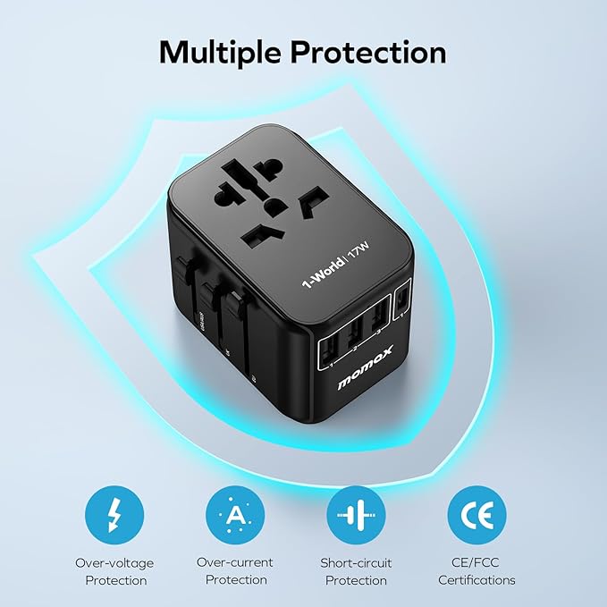 MOMAX 5-in-1 European Travel Plug Adapter, Worldwide All in One Travel Adapter, International Power Adapter Wall Charger with 3 USB A and 1USB C Charging Ports for Travel Essentials (Type C/G/A/I)