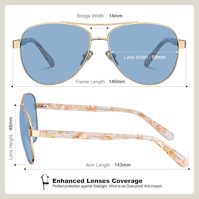 CARFIA Polarized Sunglasses for Women UV Protection Acetate Arms Metal Frame Woman's Shades CA3216