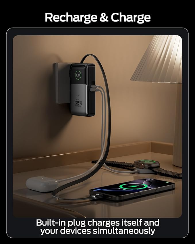 MOVE SPEED 3 in 1 Portable Charger with Built-in Retractable 27.6in Cable and Foldable Wall Plug, 35w 10,000mAh Fast Charging Power Bank, Travel Essential Battery Pack for iPhone 17/16/15,Galaxy