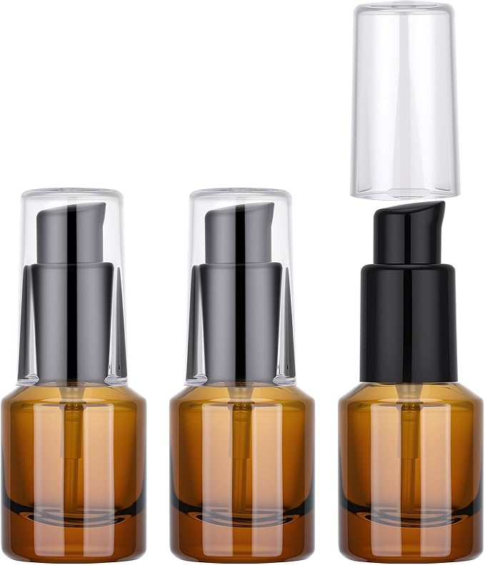Segbeauty 0.5oz Glass Refillable Travel Bottles, 3pcs Lotion Pump Bottle Dispenser, 15ml Amber Mini Travel Containers for Creams, Lotion Dispenser with Pump, Small Sample Bottle Liquid Container