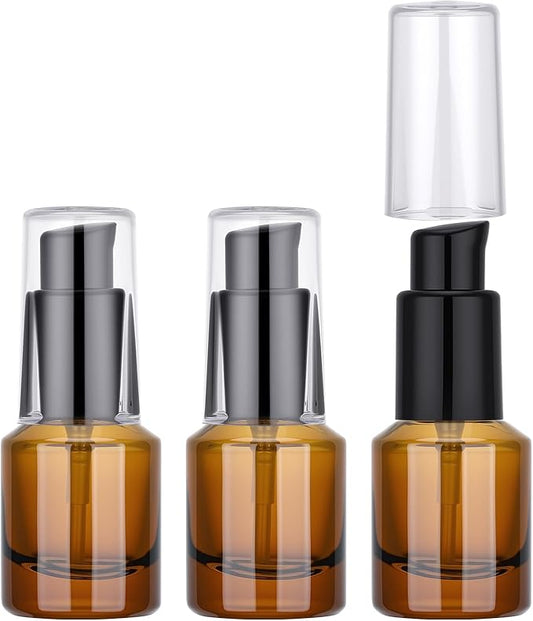 Segbeauty 0.5oz Glass Refillable Travel Bottles, 3pcs Lotion Pump Bottle Dispenser, 15ml Amber Mini Travel Containers for Creams, Lotion Dispenser with Pump, Small Sample Bottle Liquid Container