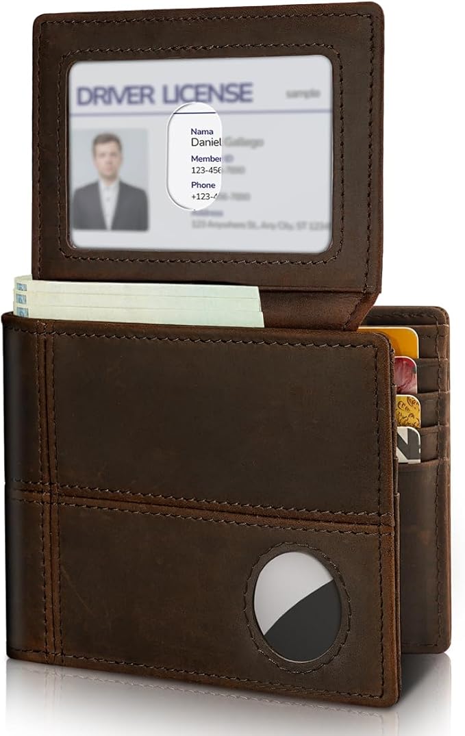 Mens Wallet With AirTag Holder, Bifold Leather RFID Blocking 1-2 ID Windows 12-13 Card Holders, Gift Box and Screen Protector Included, AirTag Not Included
