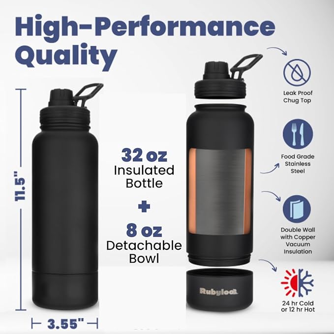 Dog Water Bottle for Dog Lovers - 32 oz Stainless Steel Double Wall Insulated Water Bottle with 8 oz Detachable Bowl on Bottom for Doggy Mom & Dad for Christmas- Black