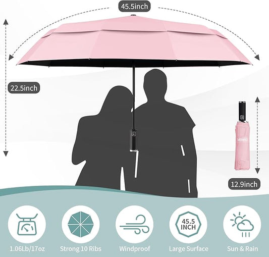 Seniny Travel Umbrella with Carabiner Handle, Windproof Large Umbrellas for Rain with Dual-Rib Structure, Portable Compact Umbrella with Reflective Strip, Car Backpack UV Umbrellas for Sun Protection