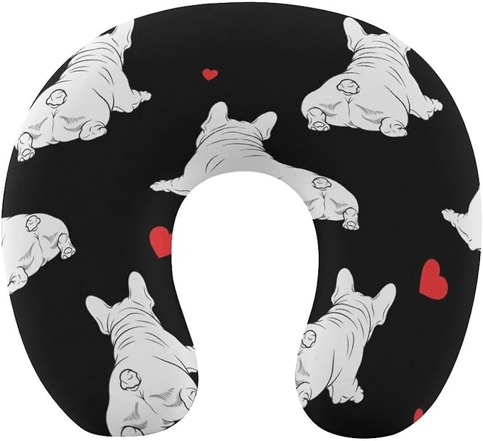 Cute Decorative Travel Neck Pillow Memory Foam Chin Cushion Funny French Bulldog Puppy Dogs, Washable Cover for Women Airplane Car Home Sleeping Rest