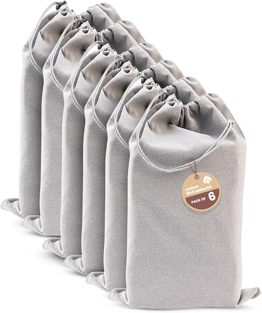 LFH Cotton Rich Shoe Storage Bags with Drawstring, Dustproof Breathable Reusable Organizer, Perfect For Travel, Dorm, Hotel, College, Gym, Easy to Carry, Machine Washable 12"x17" (Pack of 6) - Grey