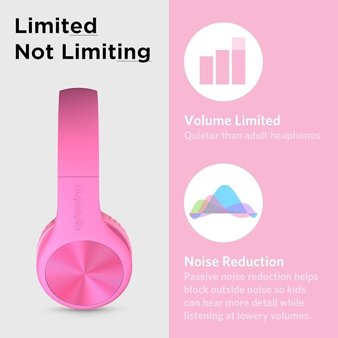 LilGadgets Connect+ Pro Wired Kids Headphones for School with Microphone, Volume Limiting Over-Ear Headset with Cord, SharePort Technology & SoftTouch Padding, Pink