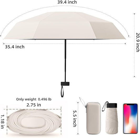 Travel Mini Compact Folding Umbrella with Case - UV Sun & Rain Protection, Lightweight Portable Pocket Umbrella for Women Men Kids, Fits Purse Backpack