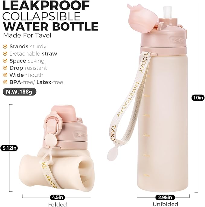 TakeToday Collapsible Water Bottles 20oz, Leak Proof, BPA-Free, Foldable Silicone Travel Water Bottle with Straw Strap for Cycling, Hiking, Outdoors