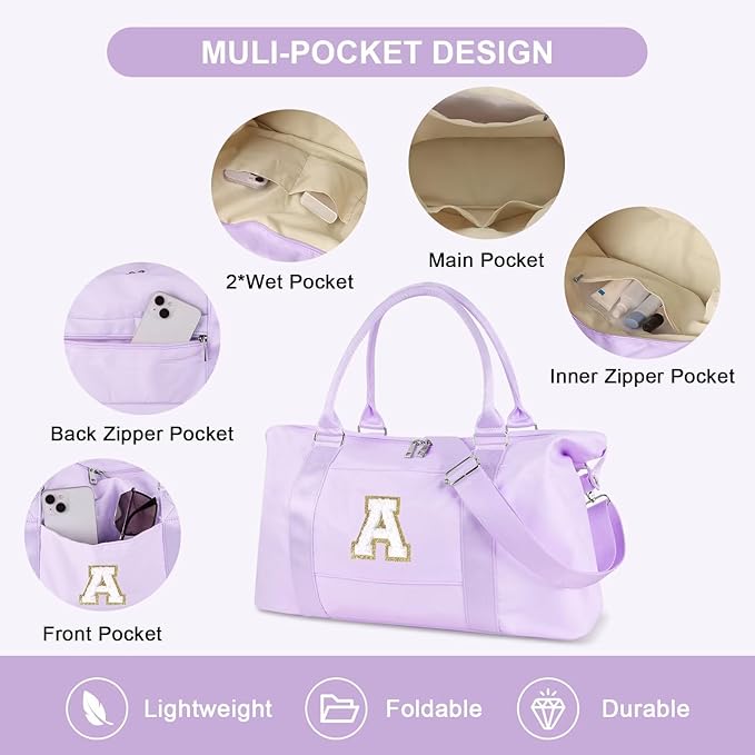 Dance Gym Duffel Bag for Teen Girls, Personalized Initial Travel Weekender Bag,Cute Overnight Carry On Duffle for Women,Sports Travel Cheer Bag,Monogram Christmas Gifts for Tween Preppy(purple-A)
