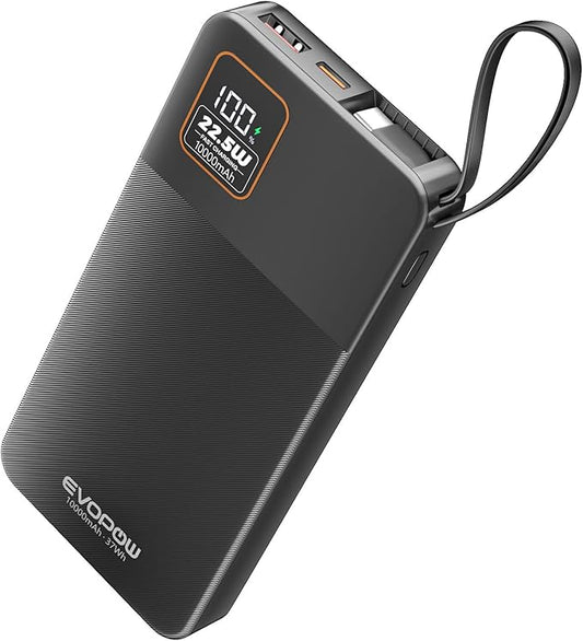 Portable Charger Power Bank, 10000mAh 22.5W Super Fast Charging Powerbank with Built-in USB C In&Out Cable, Slim External Battery Pack for iPhone 16/15/14/13/12/11 iPad Samsung S24 S23 Android (Black)