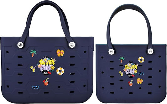 2-Piece Tote Bag Set, Waterproof Rubber Beach Bag with Summer Pattern, Medium & Large Handbag for Pool, Beach, Boat