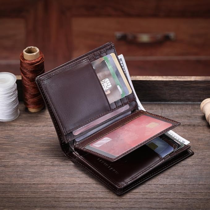 LEBULLBRO Genuine Leather Bifold Wallet RFID Blocking Wallet Large Capacity Purse Credit Card Holder for Men with 15 Card Slots (Coffee)