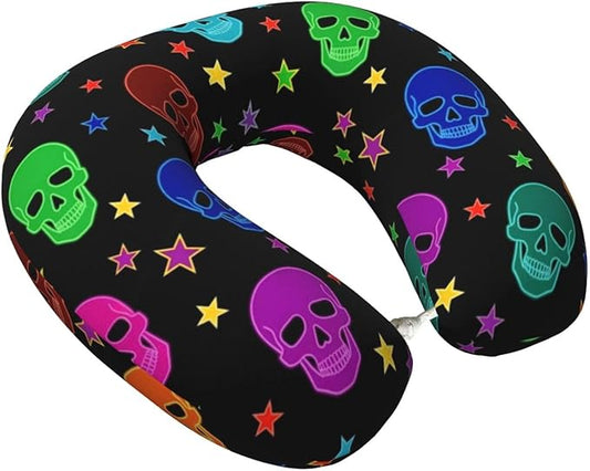 Travel Pillow for Boys and Girls, Comfortable Neck Chin Head Support Cushion Neon Gothic Skull, Comfortable for Airplanes Car Sleeping Rest