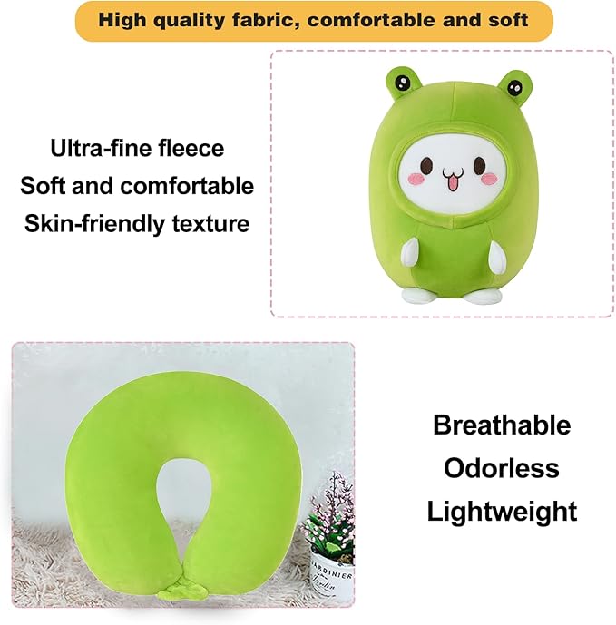 Kids Travel Pillow - 2-in-1 Deformable Kids Neck Pillow for Traveling, Soft U-Shaped Pillow with Adorable Animal Design, Comfy Sleep and Play, Ideal for Airplanes and Traveling (Green Frog)