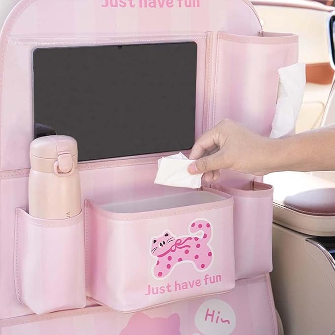 YUNZLAN Leather Backseat Car Organizer, Kick Mats Back Seat Protector with Touch Screen Tablet Holder Back Seat Organizer for Kids with 4 Storage Pockets Travel Accessories (PinkPinkCat)