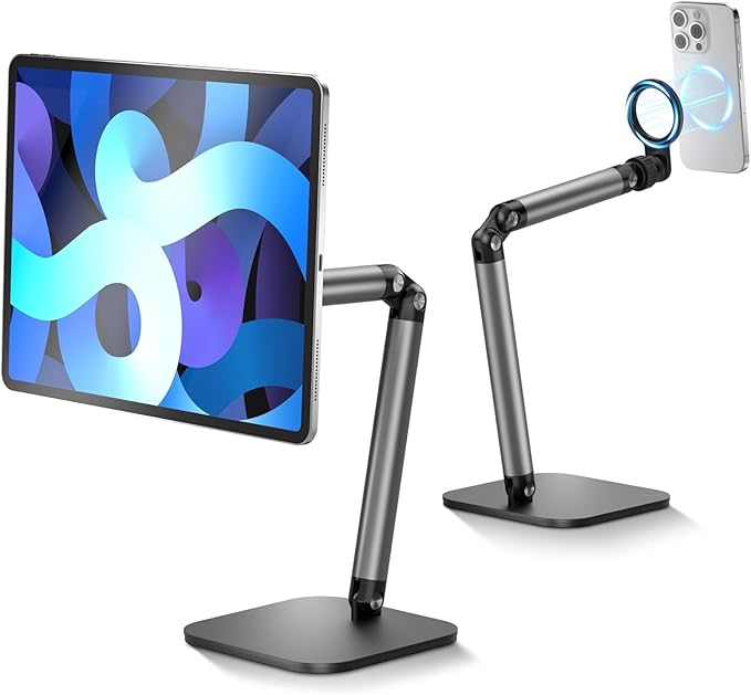 Phone Holder for Desk, with Magnetic Design, Tablet Stand for iPad, with Heavy Duty Metal Base, Desktop Stand Holder with 360° Rotation, Height & Angle Adjustable, for Video Calls, Vlog Recording