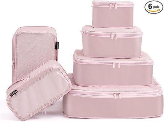 6 Set Compression Packing Cubes for Travel, Large Medium Small Luggage Organizers, Storage Bags for Clothes (6 Pack, Dusty Pink)