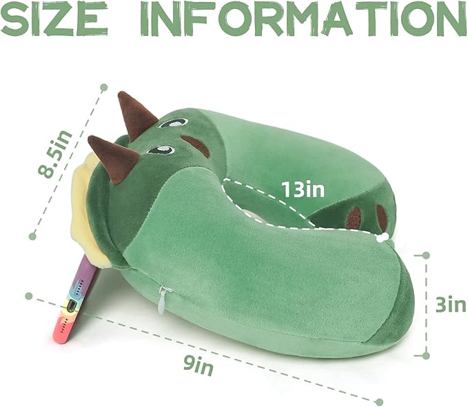 Niuniu Daddy Dinosaur Kids Travel Neck Pillow Road Trip Essentials for 3-8 Years Old, Memory Foam Dino Portable Pillow for Airplane Travel Essentials, Green Triceratops Cervical Pillow for Boys Girls