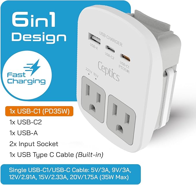 Ceptics 35W Universal Travel Adapter Kit – 2 USA sockets, USB-A, USBC, 1x PD 35W USB-C and USBC Cable, Surge Protected, Plugs for EU, UK, China, AU, Japan - for Laptop, Phone, Camera-ETL Tested