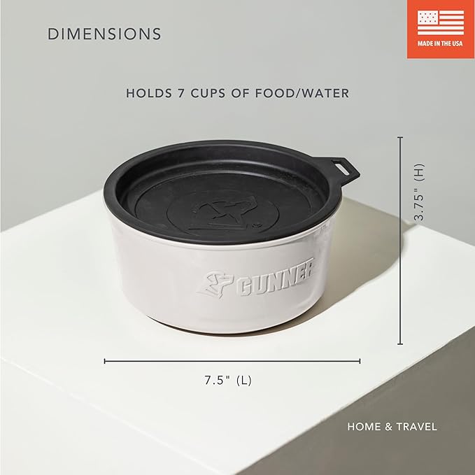 GUNNER Dog Bowl with Spill-Proof Travel Lid – 7.5" x 3.75", 1.3 lb, 7-Cup Capacity, BPA-Free, Rust-Proof, Shock-Resistant, Stackable, Dishwasher Safe, Leak-Resistant Nesting Lid – White