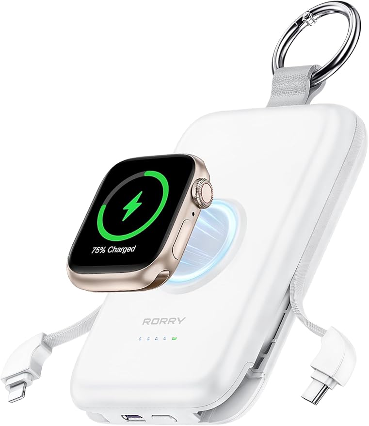 RORRY Portable Charger, 10000mAh PD 20W Fast Charging Portable Charger Power Bank with Built in Cables, Travel Battery Pack for iPhone 17/16/15/14/13/12 and Apple Watch Ultra/11/10/9/8/7/6/5, White
