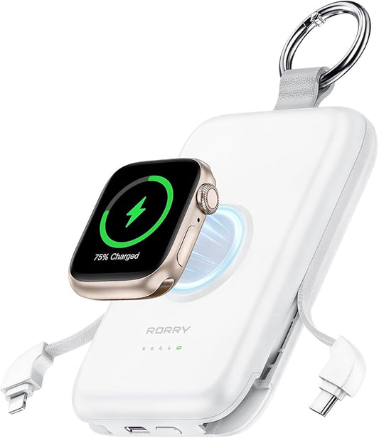 RORRY Portable Charger, 10000mAh PD 20W Fast Charging Portable Charger Power Bank with Built in Cables, Travel Battery Pack for iPhone 17/16/15/14/13/12 and Apple Watch Ultra/11/10/9/8/7/6/5, White