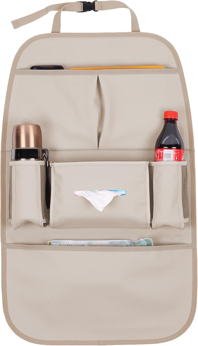 Car Backseat Organizer for Kids, Car Back Seat Storage Bag With 3 Pockets, 2 Drinks Holders, Water Resistant, Kids Toy Storage Kick Mat Back Seat Protector for Toddlers (Beige 1-Pack)