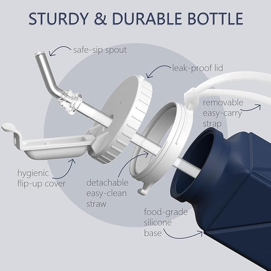 Collapsible Water Bottles with Straw 20.6oz, Silicone Foldable Portable Water Bottle, BPA-Free, Leakproof Reusable for Travel Camping Hiking Cycling Yoga Sports, 1 Pack (Dark Blue)