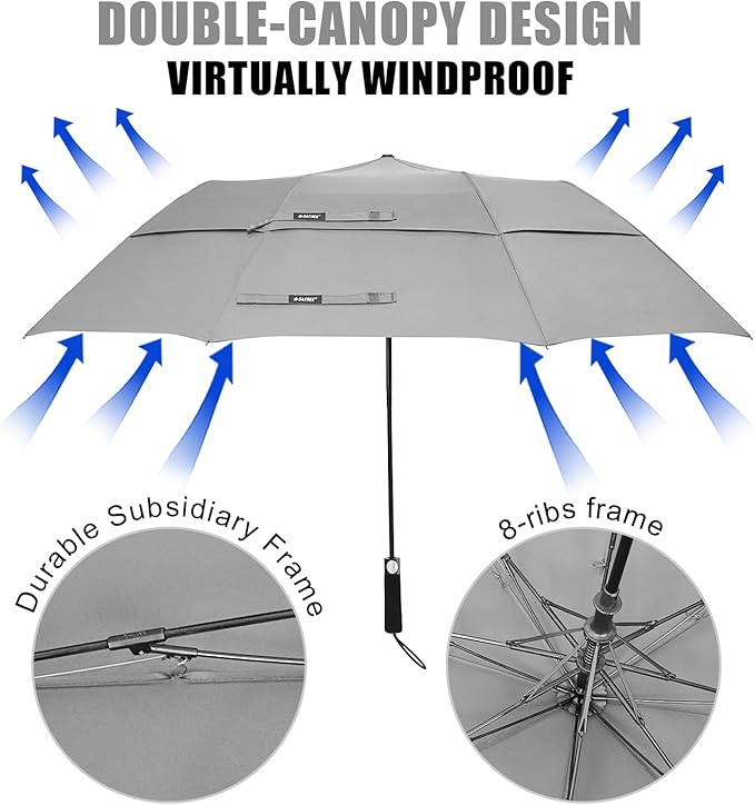 G4Free 62 Inch Portable Golf Umbrella Large Oversize Double Canopy Vented Windproof Waterproof Auto Open Folding Umbrellas(Gray)