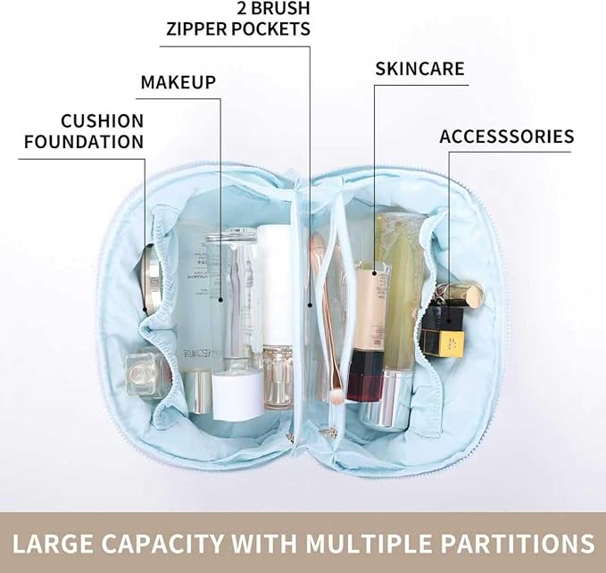 Cute Makeup Bag for Women - Travel Cosmetic Pouch with Large Capacity, Water-Resistant Nylon Make Up Organizer Blue