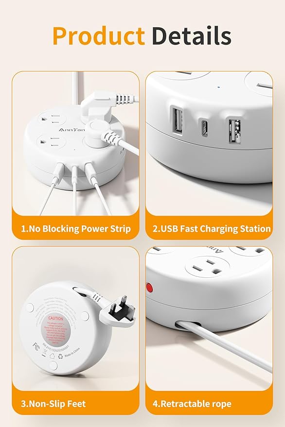 UK Travel Plug Adapter - Retractable Power Strip with 4 AC Outlets & 3 USB Ports (USB-C), Type G Adapter for US to UK, Ireland, Scotland, Hong Kong, Dubai (White)