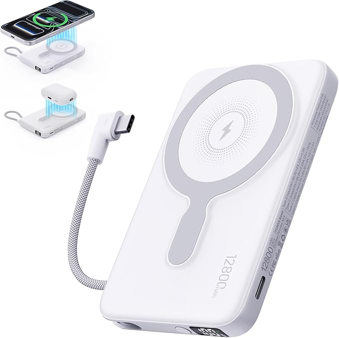 2025 Updated M3 Ultra Slim 0.4'' Wireless Power Bank, 12800mAh Magnetic Portable Charger with Built in Cable and Strap, LED Battery Pack Travel Essentials for iPhone 16/15/14/13/12/Pro/Pro Max Andriod