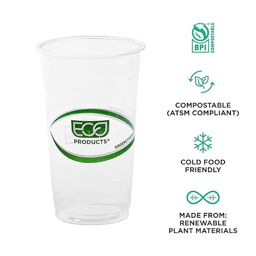 ECO PRODUCTS GreenStripe Clear Compostable 24oz PLA Large Plastic Cups, Case of 1000, Disposable Renewable Plant-Based Cold Cups, For Cold Drinks & Snacks, BPI Certified, ASTM Compliant.