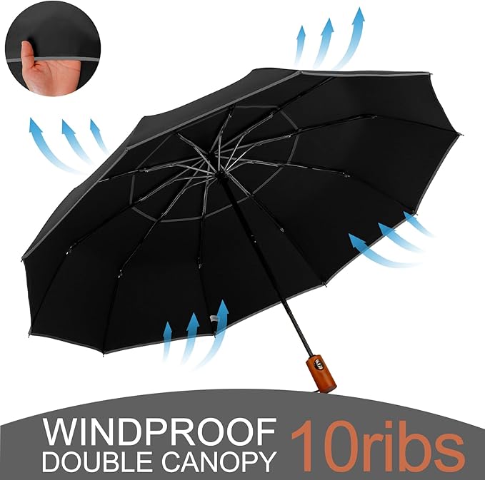 Satol Extra Large Golf Umbrella, 46/54/62 Inch Windproof 10 Ribs Vented Double Canopy Reflective Strips Automatic Open/Close Waterproof UV Protection Portable Compact Umbrella for Outdoor & Travel