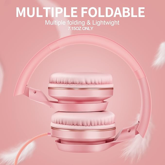 LORELEI S9 Wired Headphones with Microphone for School，On-Ear Kids Headphones for Girls Boys，Folding Lightweight and 3.5mm Audio Jack Headset for Phone, Ipad，Tablet, PC, Chromebook (Pearl Pink)