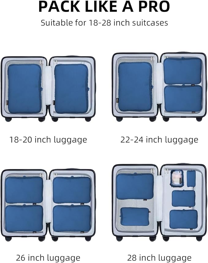 6 Set Compression Packing Cubes for Travel, Large Medium Small Luggage Organizers, Storage Bags for Clothes (6 Pack, Dark Blue)