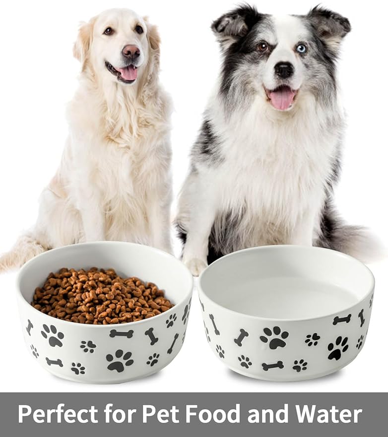 UBEE Ceramic Dog Bowl Set of 2, 6.5 inch Dog Food Bowl Dish with Bone Paw Pattern, Pet Food Water Dish Feeding for Small and Meidum Dogs and Large Cat, White
