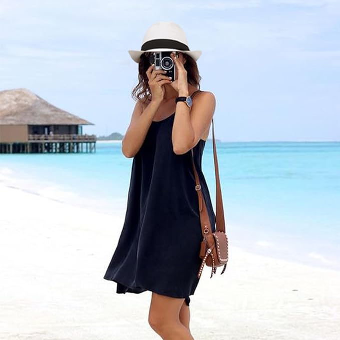 DRESHOW Women Straw Panama Hat Travel Fedora Beach Sun Hat Summer Wide Brim Straw Roll up Hat UPF 50+