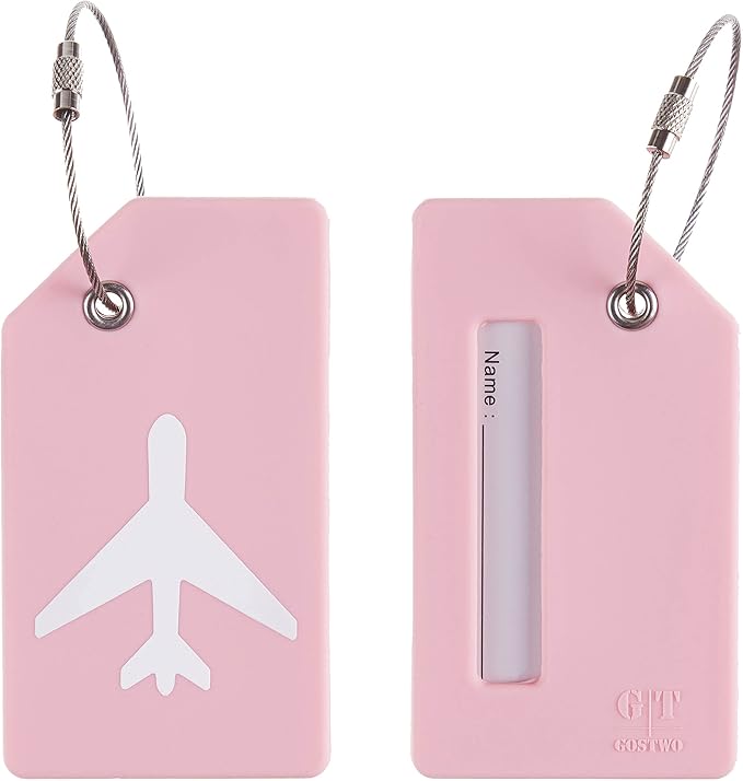 Gostwo 2 Pack Silicone Luggage Tags for Suitcases, 26 Initial Letter Baggage Labels Handbag School Bag Suitcase Instrument Tag with Stainless Steel Loop(Pink)(Airplane)