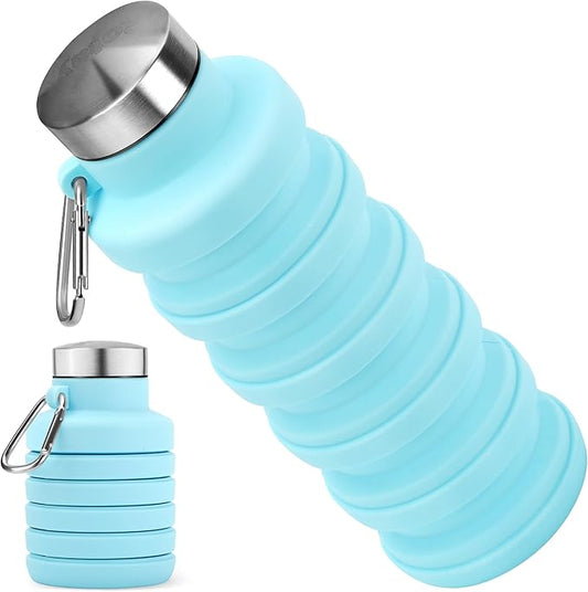 Collapsible Water Bottle, 16oz Portable Reusable Silicone Water Bottle, BPA-Free Leak-Proof Foldable Design with Carabiner, Lightweight Durable for Gym, Travel, Camping, Hiking, Sports, Light Blue